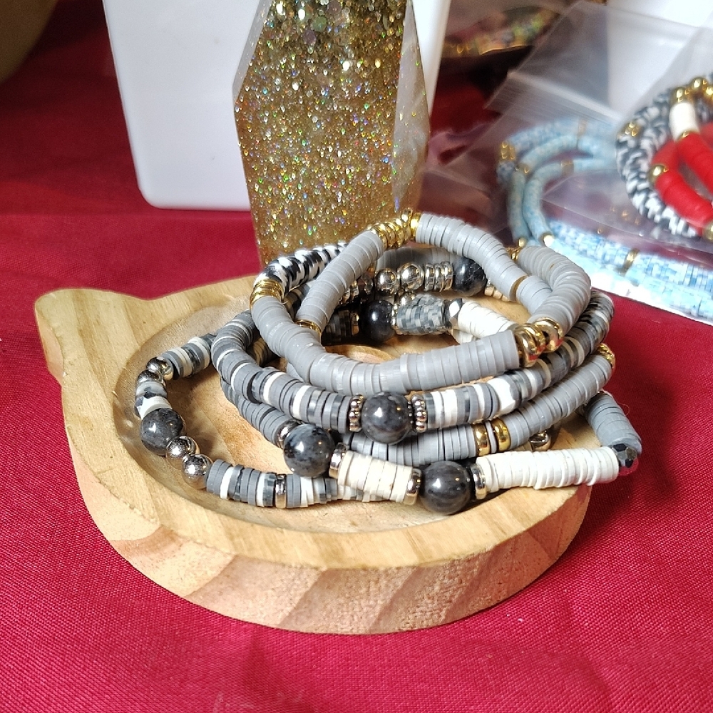 Elegant Gray and Gold Beaded Bracelet Set